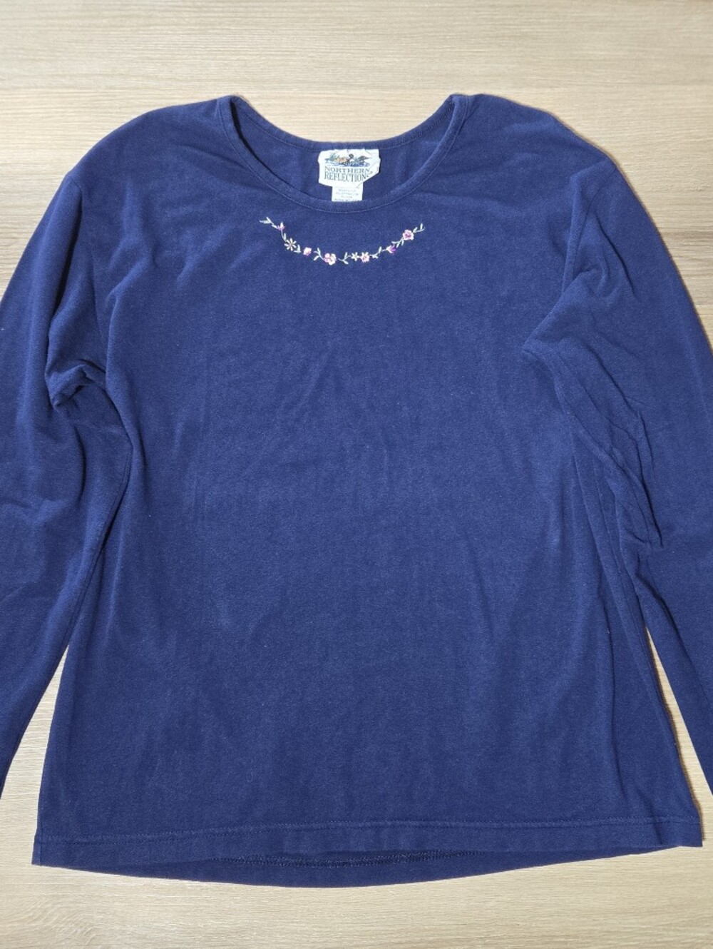Northern Reflections Navy Crewneck Sweater with Pink Floral Embroidery